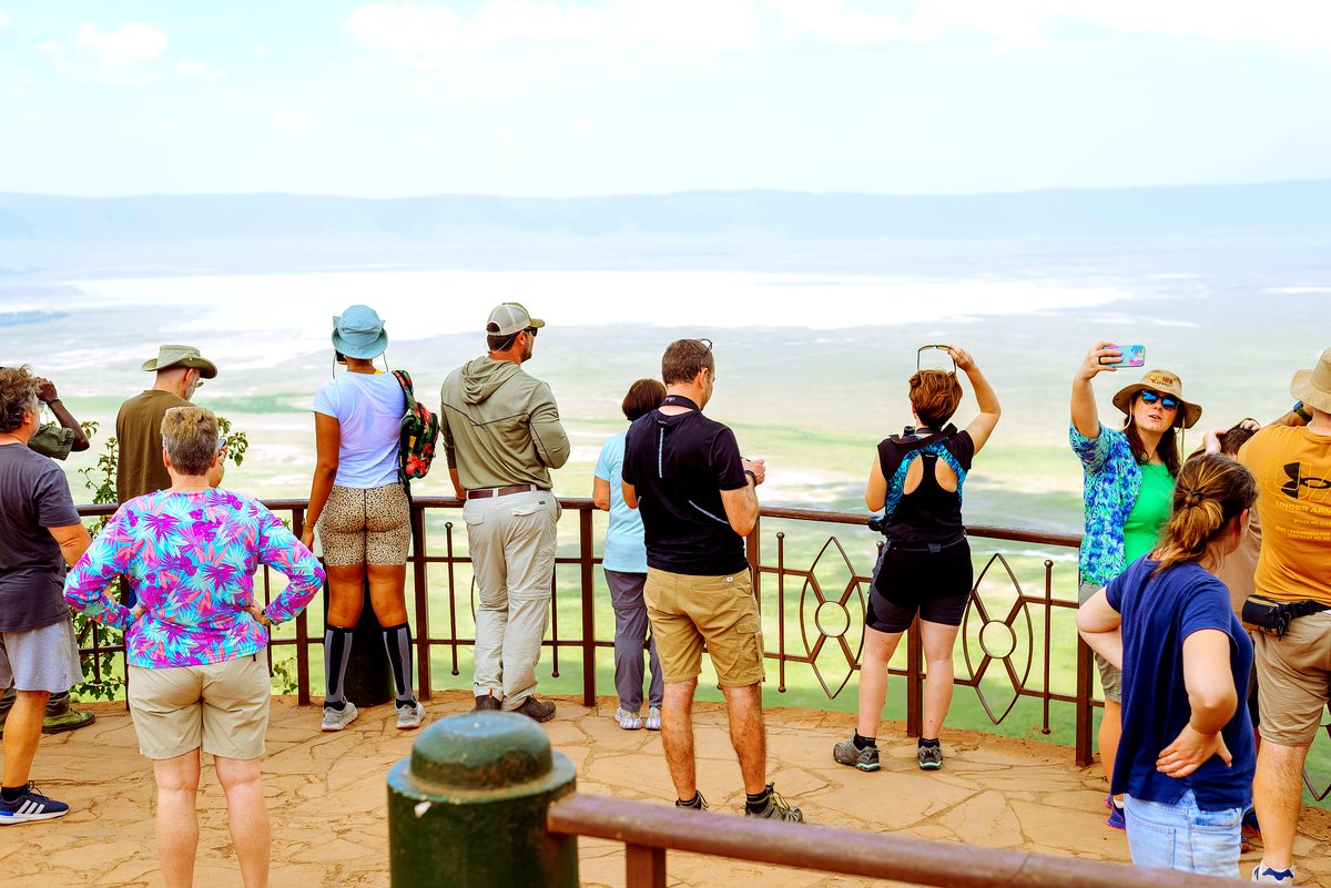 Visitors at a viewpoint on the rim of the Ngorongoro Crater