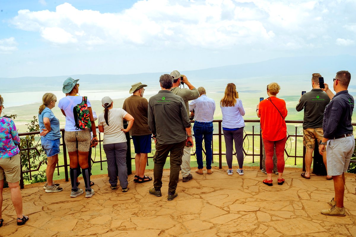 Visitors at a viewpoint on the rim of the Ngorongoro Crater