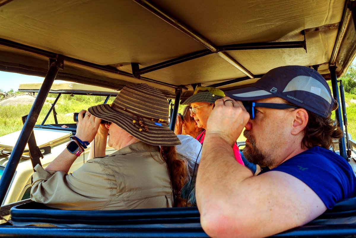 Guests watching wildlife through binoculars from a safari vehicle